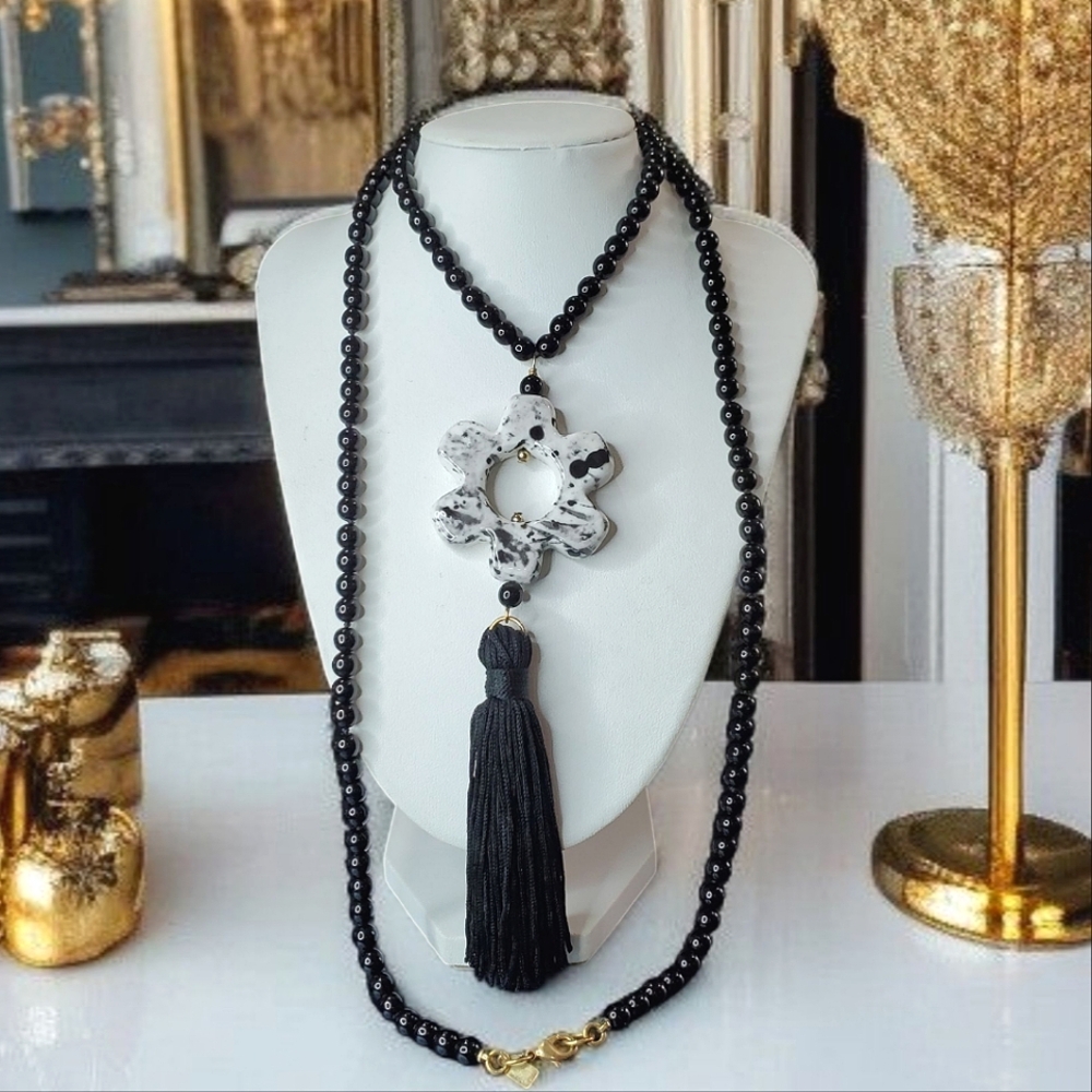 Kenneth Lane Onyx Beaded Tassel Necklace